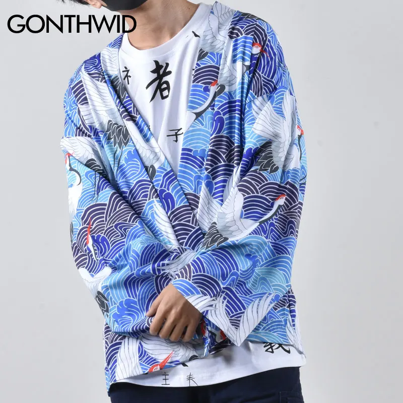 GONTHWID японское кимоно кардиган Haori куртки с длинным рукавом уличная одежда для
