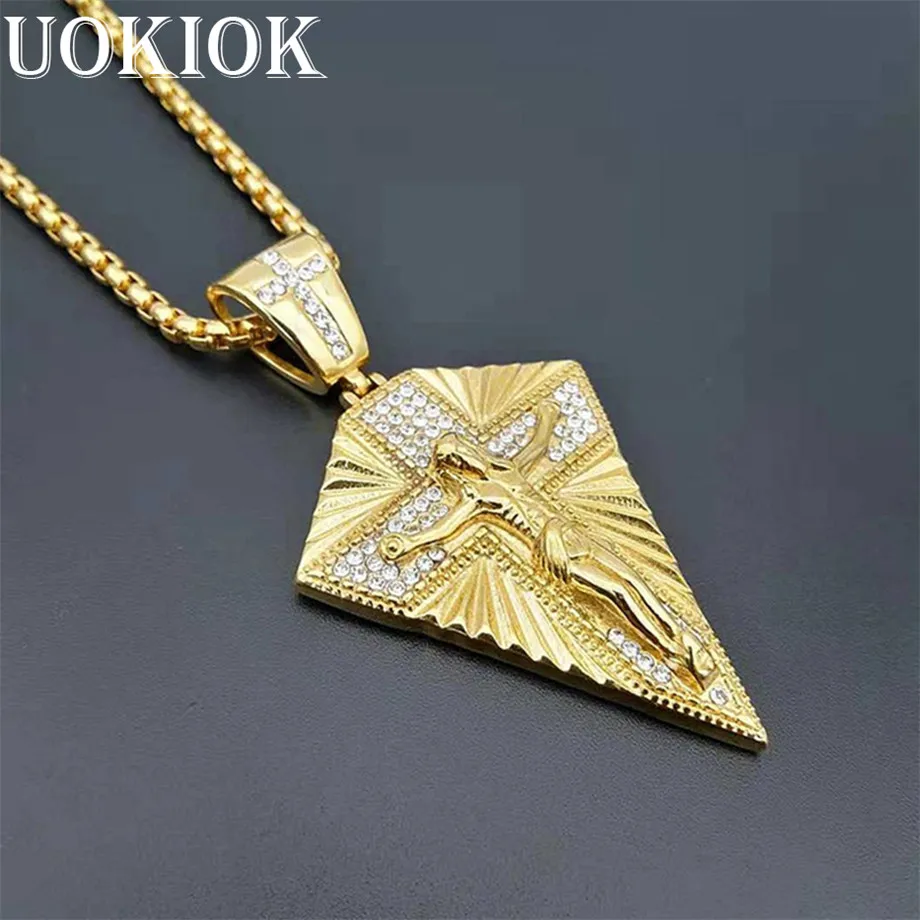 

Hip Hop Iced Out Bling Jesus Cross Pendant Necklace For Men Gold Color Stainless Steel Crucifix Necklaces Male Religious Jewelry
