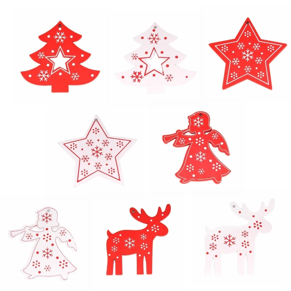 8PCS White&Red Wooden Christmas Ornaments Pendants Wood Crafts Hanging Xmas Tree Ornament Kids Gift Christmas Party Decorations