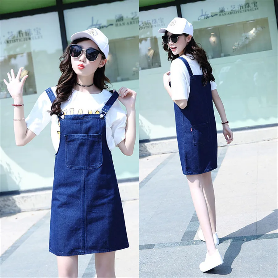 

2021 New Spring Korean Denim Overalls Dress Women Solid Casual Jeans Dress Student Loose Suspenders Denim Dress
