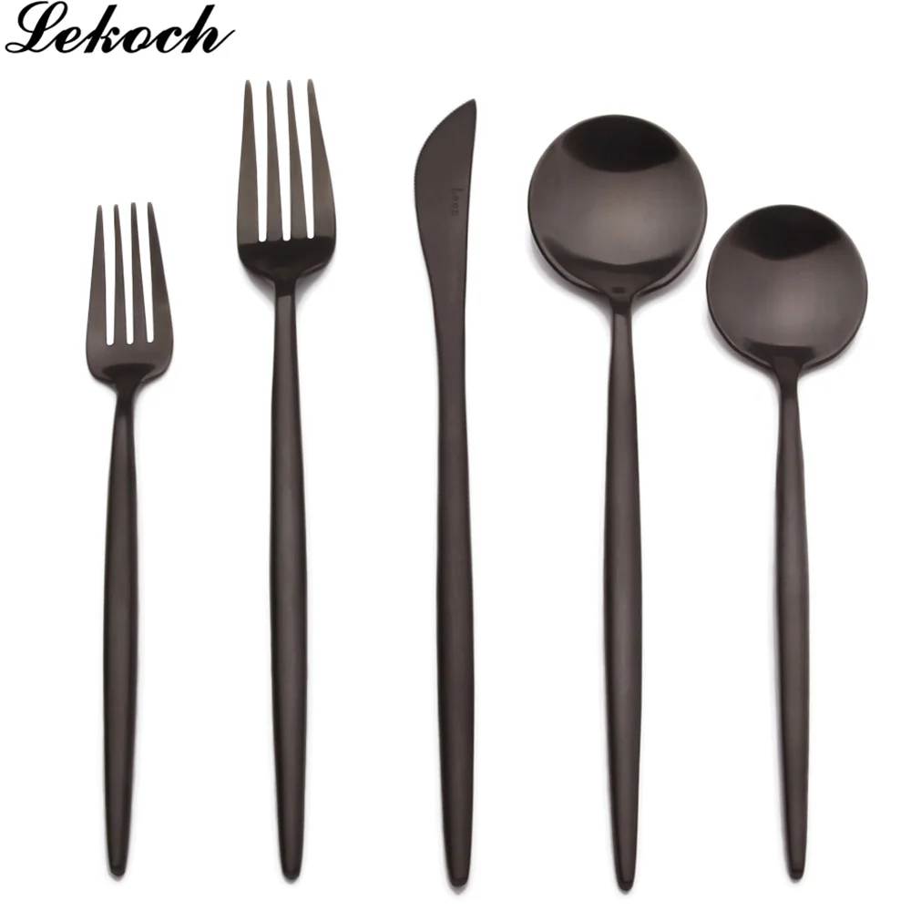 solid black Набор посуды Lekoch, 5 шт., столовый набор, совок, вилка, нож и десерт, совок, вилка, 5 шт., набор столовых приборов, набор посуды из нержавеющей стали - Цвет: solid black