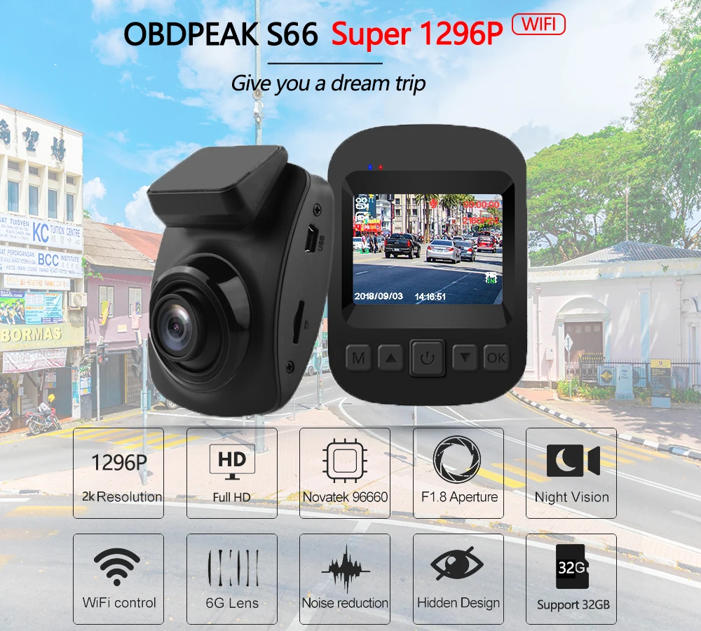 OBDPEAK S66 Видеорегистраторы для автомобилей 1296 P Ультра hd рекордер Dash Cam WI FI