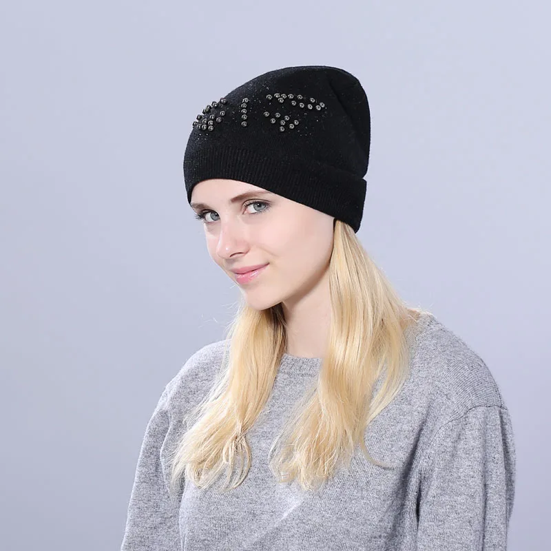 [YARBUU] настоящий шарик из меха норки шляпа для женщин Шерсть skullies beanies бабочка ногтей бусины твердые вязаные шапки для девочек женская Лыжная шапка - Цвет: black