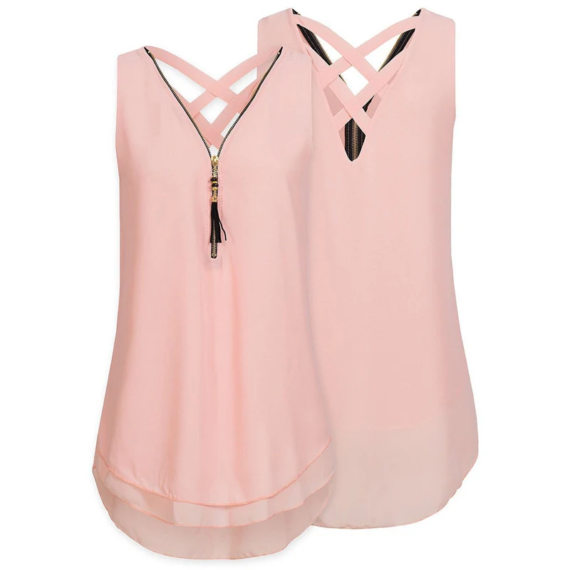 VITIANA Plus Size 5XL Women Casual Shirt 2018 Sleeveless V Neck Zipper Summer Chiffon Blouse Female Elegant Tank Tops|Блузки| |