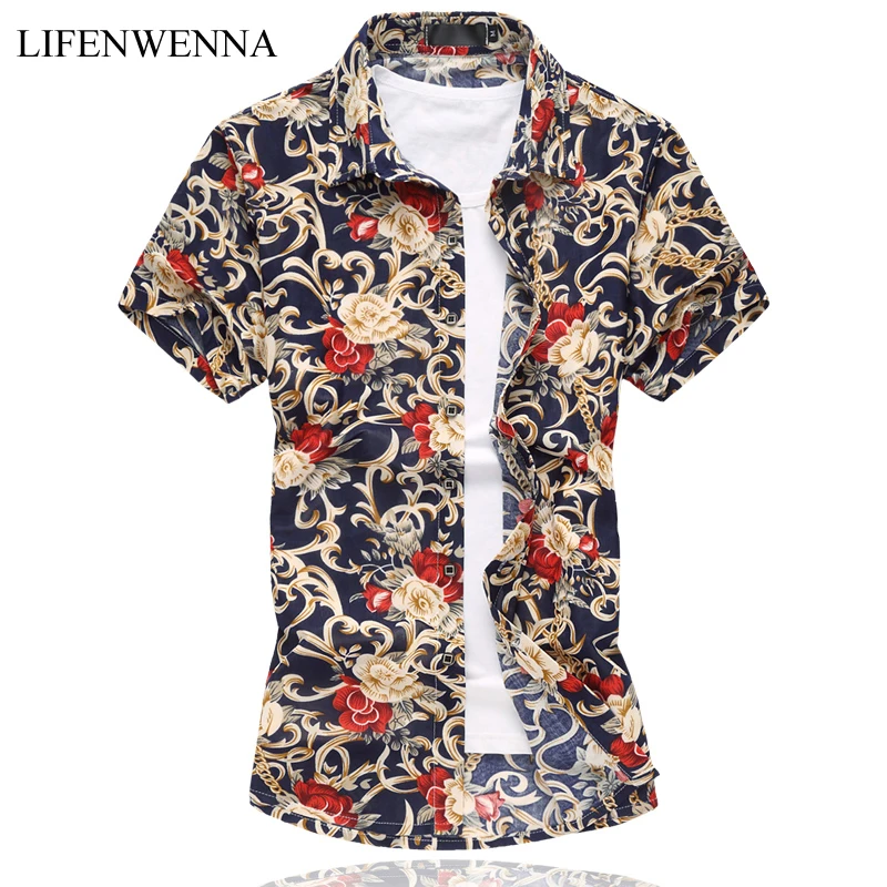 

M-6XL Mens Flower Shirt 2019 Summer Short Sleeve Shirt High Quality Mercerized Cotton Shirts Plus Size Casual Slim Fit Shirt Men