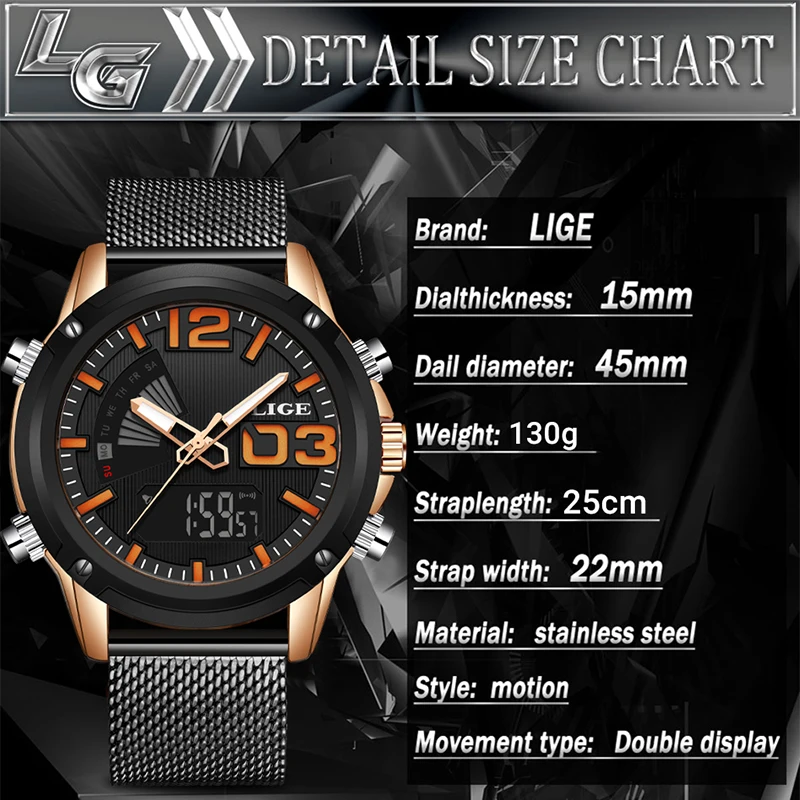 LIGE New Top Luxury Brand Gift Stainless Steel Sports Men Watch Army Military Dual Display Waterproof Watches relogio masculino | Наручные