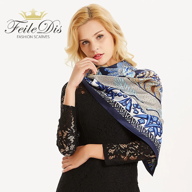 

[FEILEDIS]100% Silk Scarf Women Floral Print Square Scarves Wraps Large Shawls Stoles Silk Foulard Bandanas Femme Echarpes AS103
