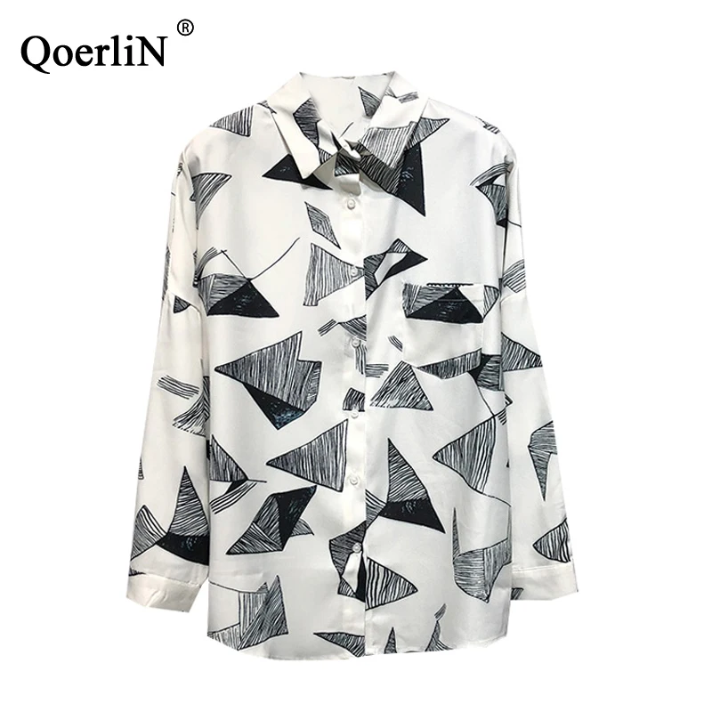 QoerliN 2019 модный принт шифоновая блузка женская рубашка с длинным рукавом плюс