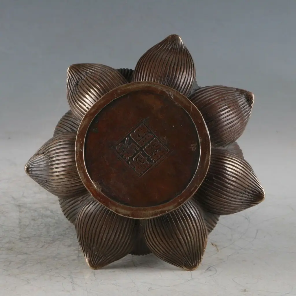 

Chinese Buddhism Pure Bronze Carving Lotus Flowers Incense Burner Censer Mark Qianlong Period