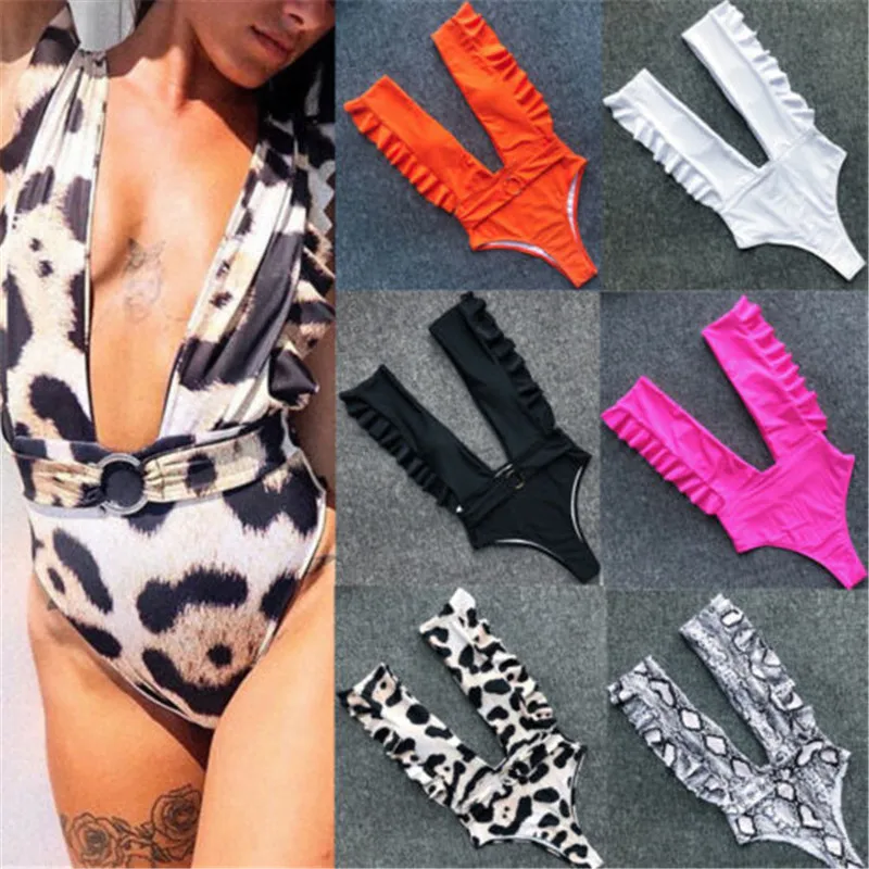 Новый женский слитный купальник с леопардовым принтом глубоким v образным