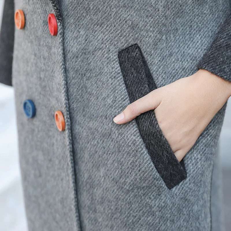 Женское двубортное пальто VOA серое шерстяное с воротником длинное для девушек