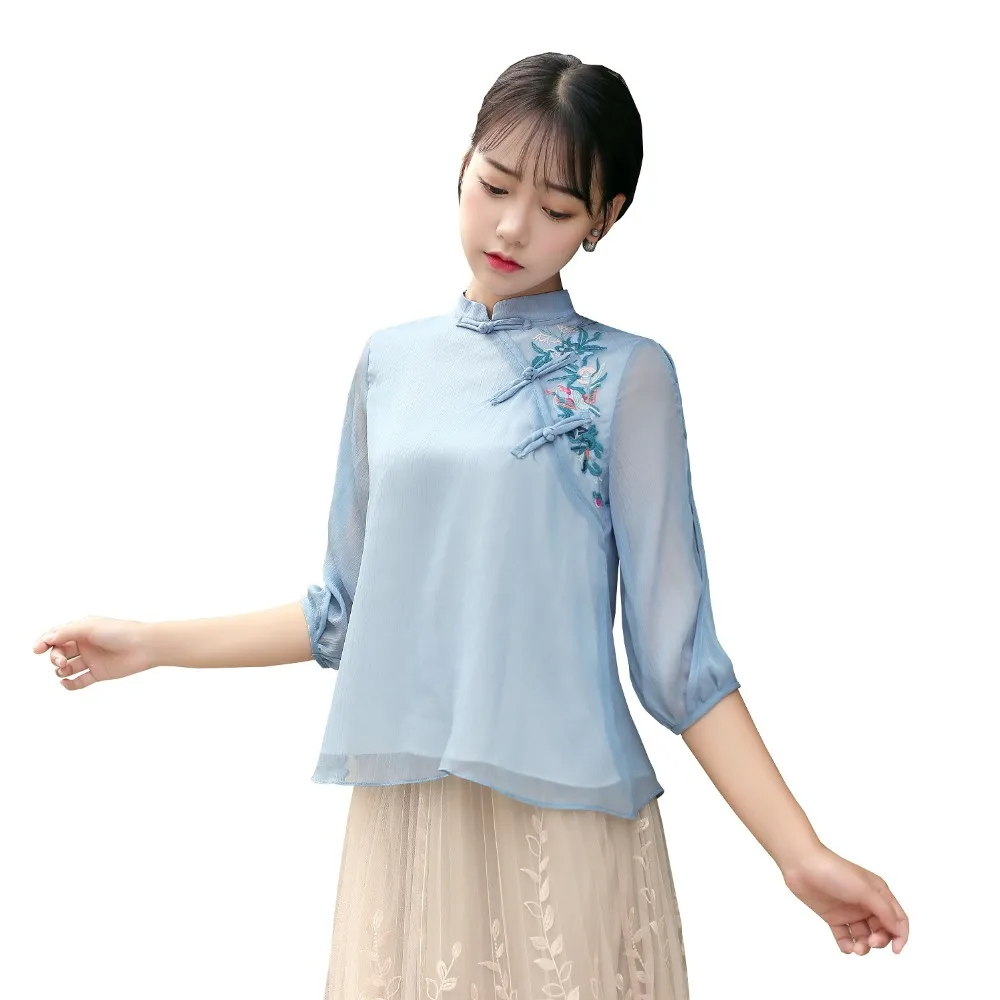 Shanghai Story New Arrival mandarin collar traditional Chinese tops Hanfu cheongsam Shirt 3/4 Sleeve chinese Blouses for women
