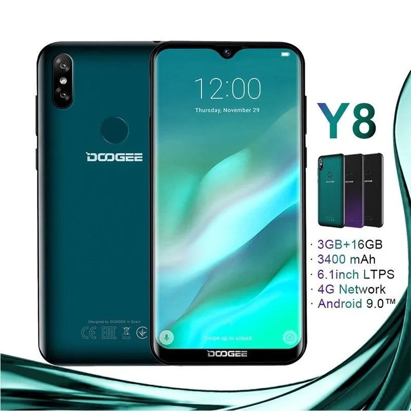 Doogee Y8 Android 9 0 телефон 3 Гб ОЗУ 16 ПЗУ 6 1 дюймов 19:9 полный экран с каплями воды MTK6739