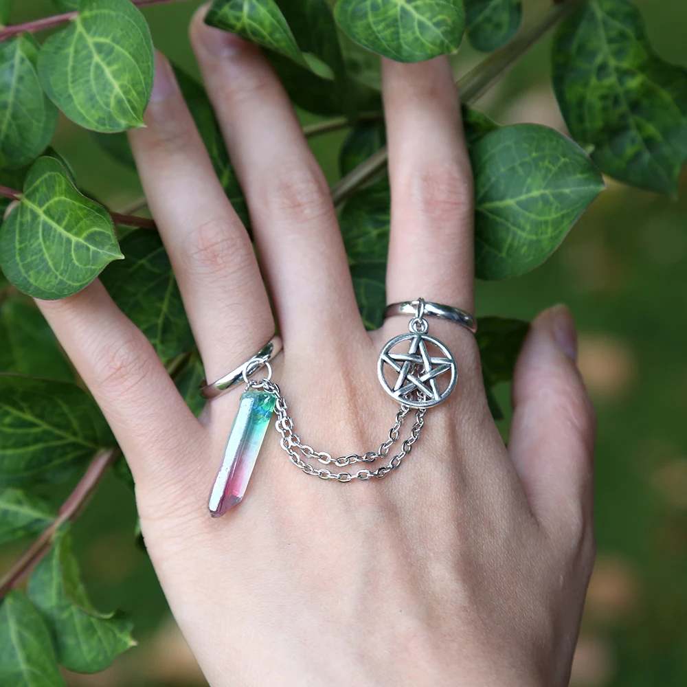 Регулируемое кольцо с пентаграммой Wicca Кристальное кольцо ретро кварцевое Кристальное кольцо