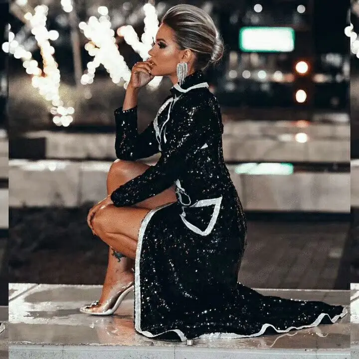 Новинка 2019 модные черные пальто женские вязаные куртки расшитая блестками