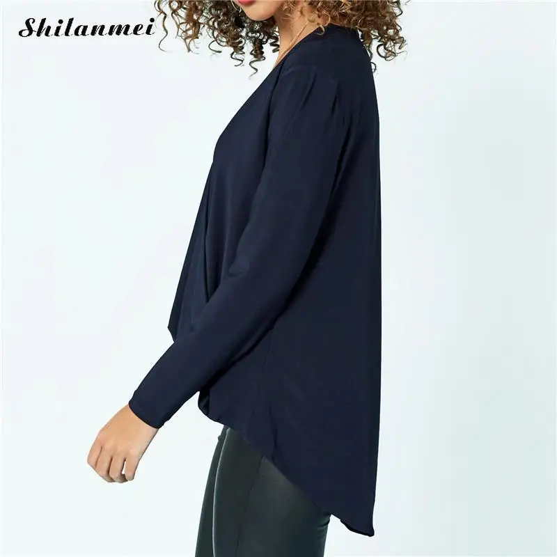 Women Tops And Blouse Deep V Neck Chiffon Ladies Autumn Long Sleeve High Low Clothing Fashion Shirts |