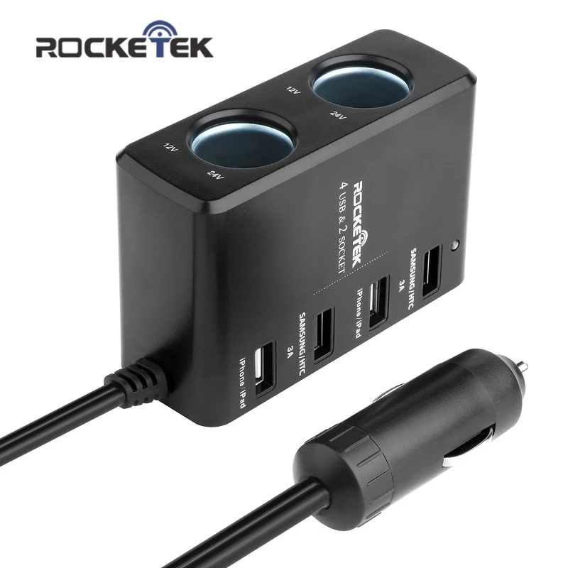 Автомобильное зарядное устройство Rocketek multi usb smart IC 4 USB 6A 2 гнезда прикуривателя аксессуары для телефона samsung Автомобильное зарядное устройство