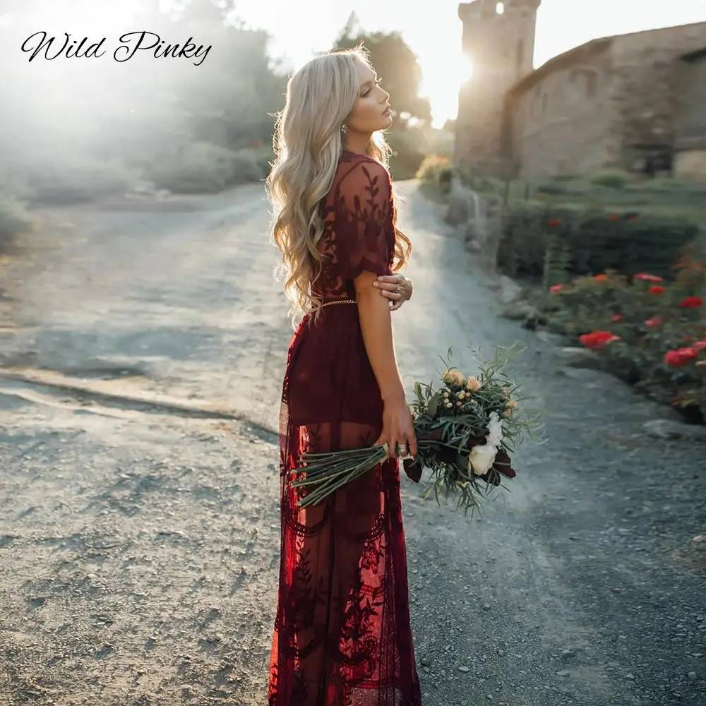 Женское кружевное платье макси с высокой талией и V образным вырезом|Женские