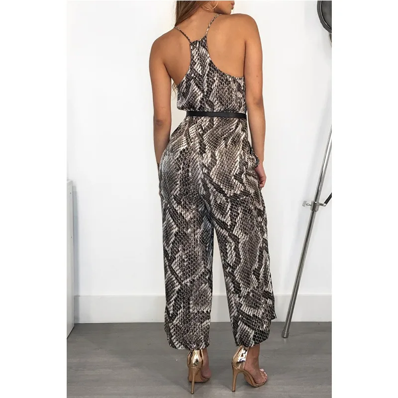 Snake Skin Print Spaghetti Strap playsuit Sexy Long Jumpsuit Overalls New Deep V Neck Backless Wide Leg Rompers Womens |