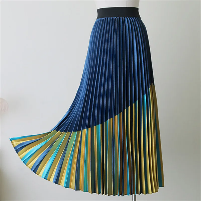 blue yellow skirts Korobov синие желтые Лоскутные блестящие Saia Falda трапециевидные женские юбки винтажные плиссированные шелковые женские юбки средней длины с принтом 76958 - Цвет: blue yellow skirts