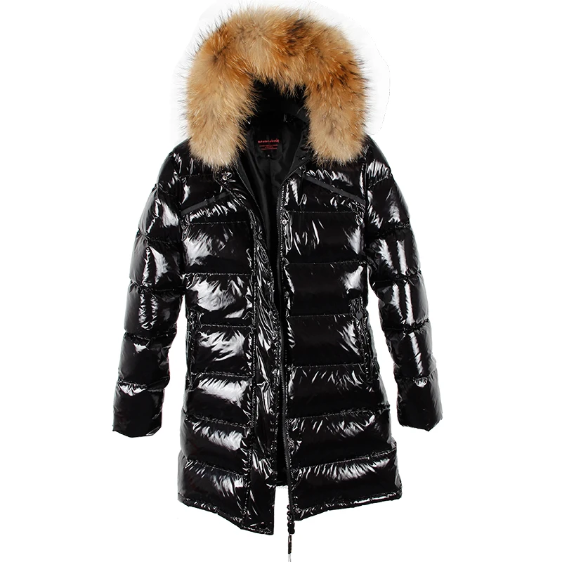New 2018 Autumn Winter Duck Down Coat Natural Raccoon Fur Collar Hooded Jacket Black Shine Solid Overcoat Parkas Streetwear | Женская