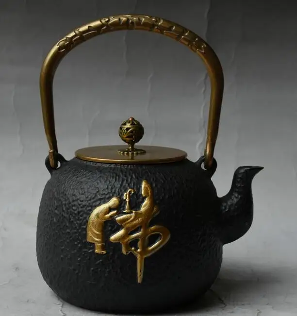 9&quot China iron Pot Gilt Buddha Monk Portable Lid Kettle Teakettle Teapot Chinese | Statues &amp Sculptures