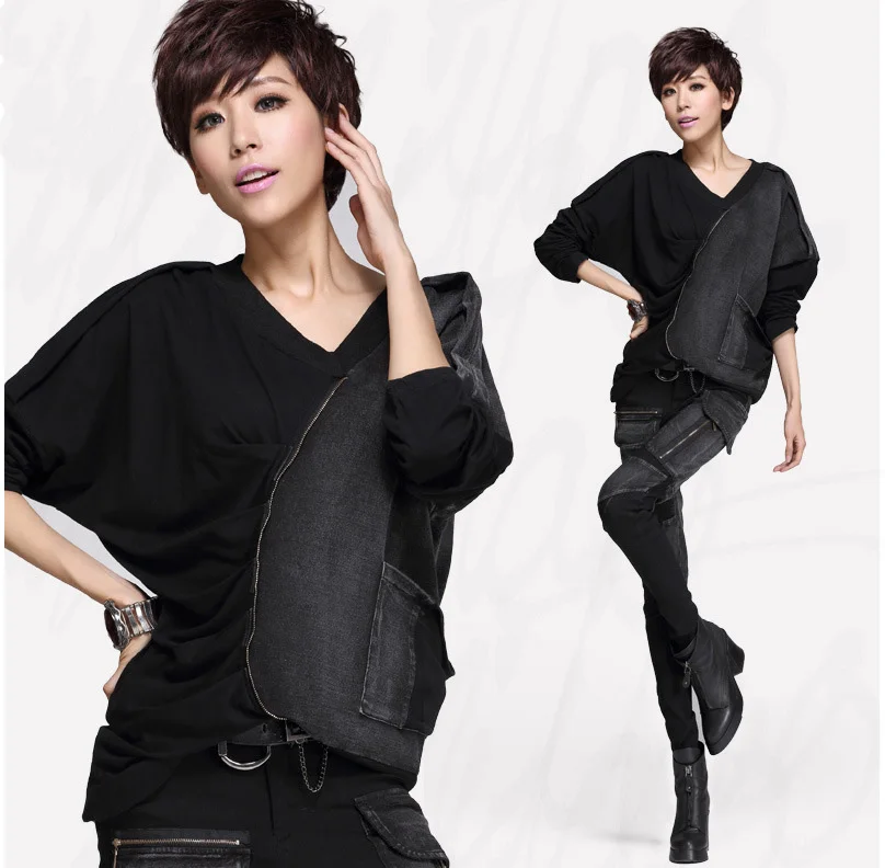 Женская Асимметричная футболка с длинным рукавом черная Свободная рубашка