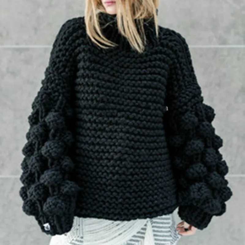 Autumn Coarse wool handmade knitted Sweater women Half turtleneck lazy Rough Knitted Lantern Sleeved 3D Yarn Ball Pullover | Женская