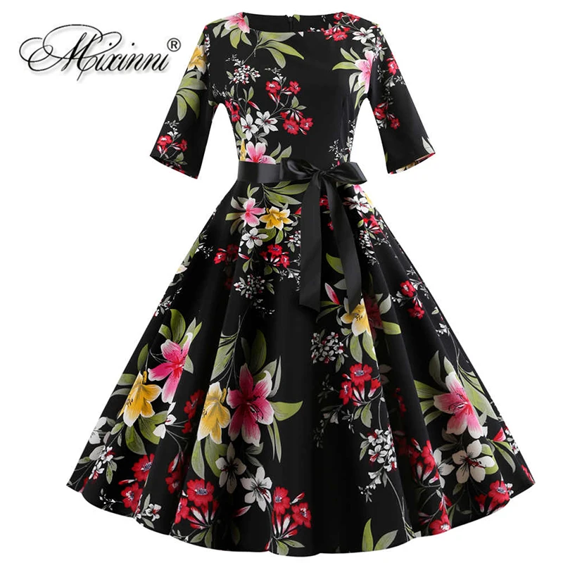 MIXINNI 50 s 60 с цветочным принтом осень Винтаж платье тонкая талия vestidos mujer 2018 Для