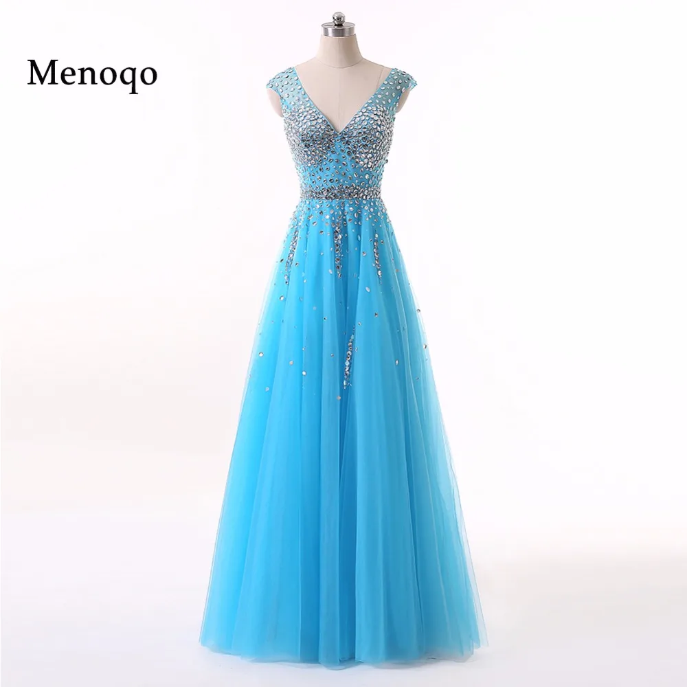 Menoqo Vestidos De Festa платья для выпускного вечера с v-образным вырезом без рукавов Тюль Кристалл А-силуэт Длинные вечерние платья W1701167