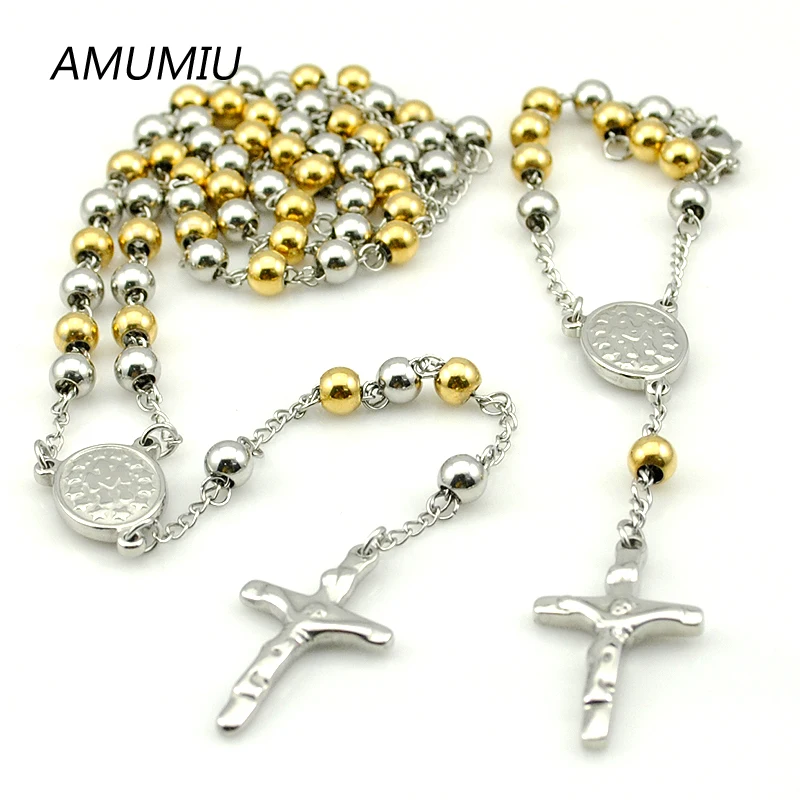 AMUMIU Модные 8 мм Ожерелье Браслет наборы золотого цвета из нержавеющей стали четки