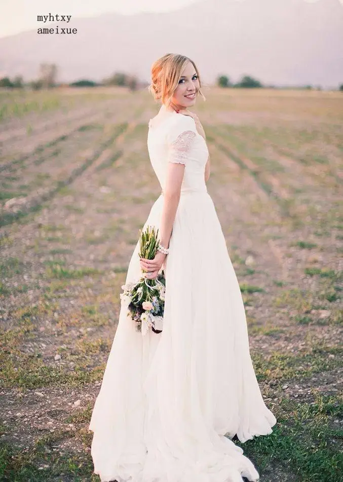 

Vestido De Noiva Elegant 2020 White Short Sleeve Chiffon Cheap Beach Wedding Dress Lace Bridal Dress Wedding Gown China