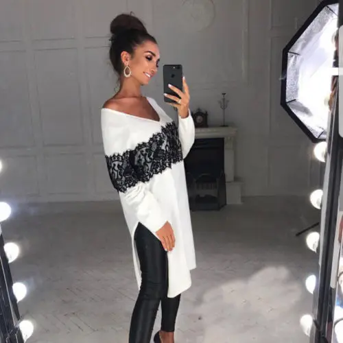 

Ladies Women Long Sleeve Casual V-neck Blouse Asymmetric Loose Lace Tops Blouse