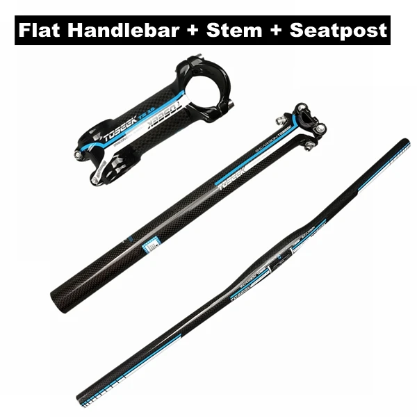 Flat Handlebar Set TOSEEK синий 3 K углеродный велосипед плоский/стоячий Руль+ ствол+ велосипедная стойка для сиденья MTB руль набор горный велосипед запчасти - Цвет: Flat Handlebar Set