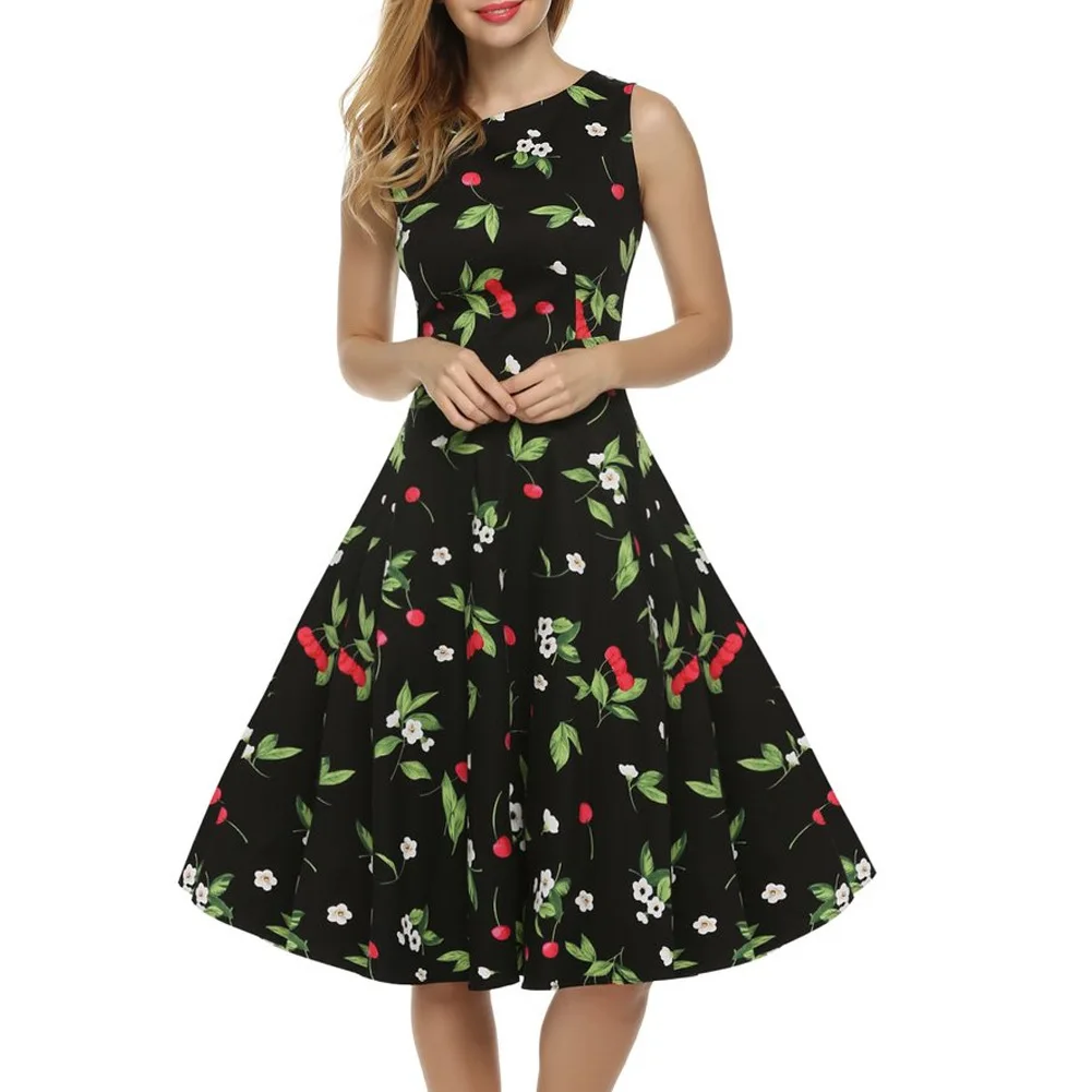 

Women Summer Fashion Plus Size Retro Vintage Slash Neck Black/White Cherry Print Hepburn Dress Ladies Sleeveless Vestido Dresses