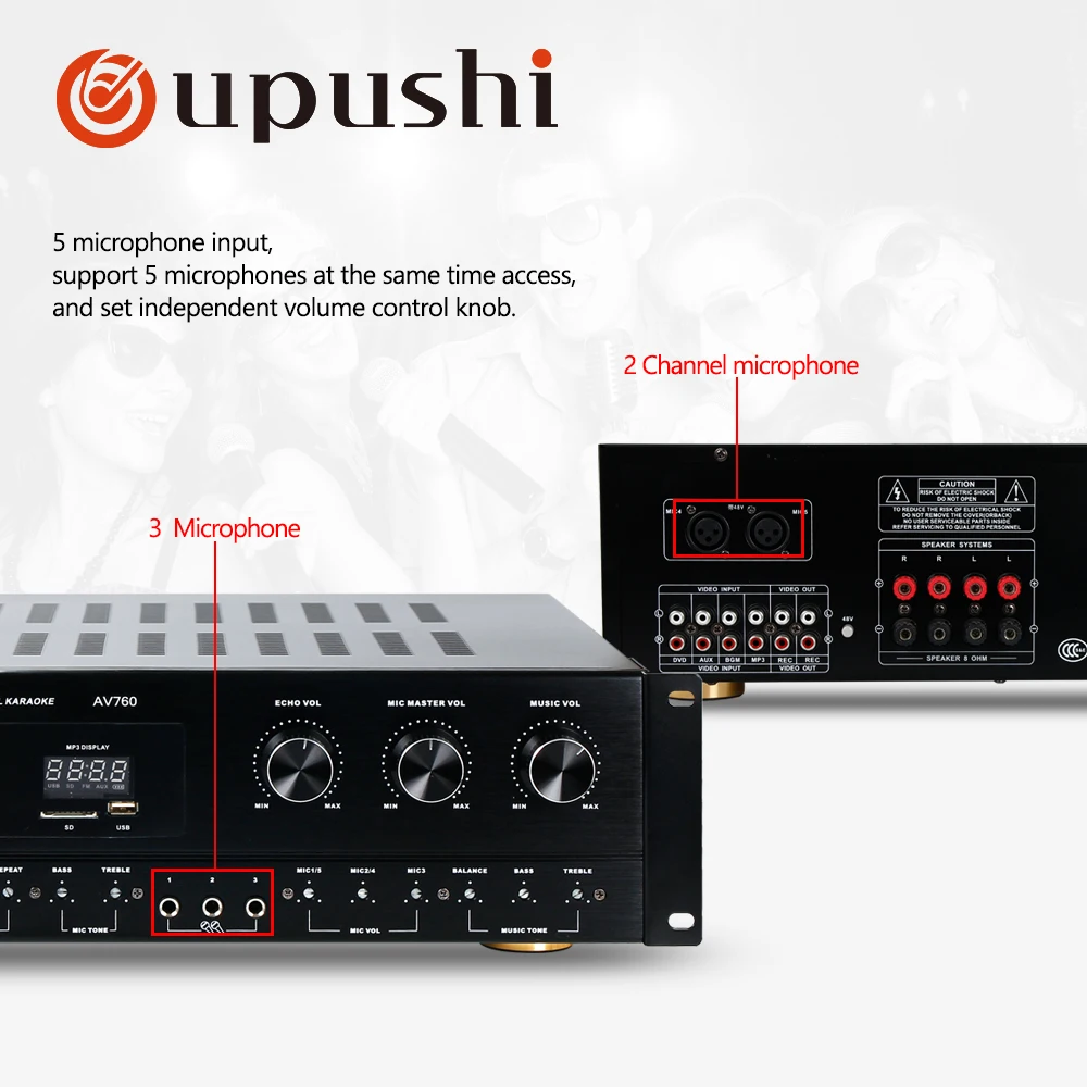 Oupushi профессиональный караоке 8 Ом Цифровой усилитель 2 канала HiFi 250 Вт* 2 эхо стерео клубный усилитель с колонки KTV Шэньчжэнь