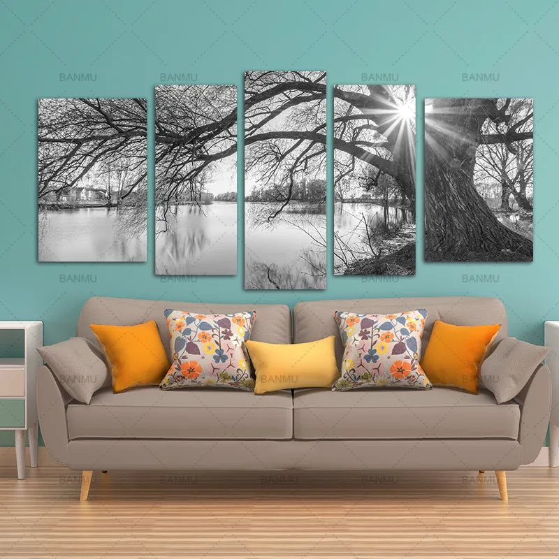 

BANMU 5 Pieces Modern Canvas Painting Wall Art Tree Sunrise Time Lake Landscape Print On Canvas Giclee Artwork For Wall Decor