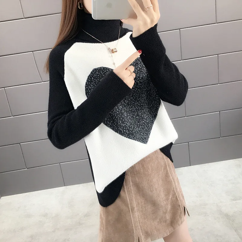 Winter wear new high-necked double-sided woolen sweater thick pullover color matching love two-lapel loose knit bottom | Женская одежда