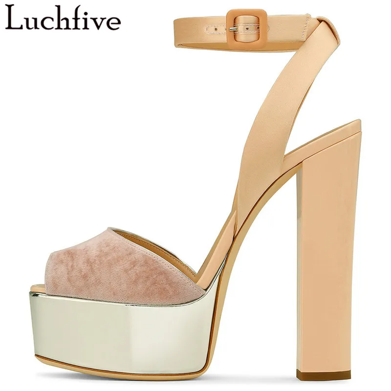 nude velvet Популярные босоножки на платформе; женские пикантные летние туфли с открытым носком на высоком каблуке; женские туфли с пряжками и ремешком; Цвет черный, ретро; Buty Damskie Letnie - Цвет: nude velvet