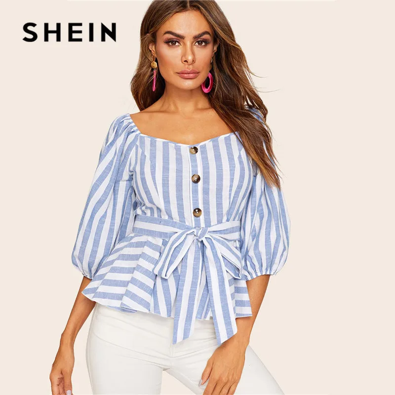 SHEIN Полосатая Блузка С Поясом И Оригинальным Рукавом Женская Летняя Элегантная Блузка С Оборками И Пуговицами