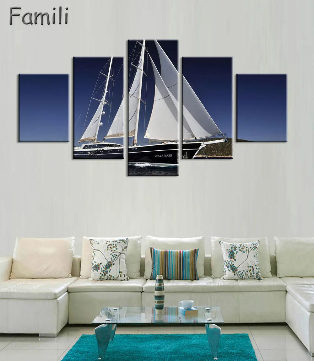 

5Pieces High Quality Painting Home Living Room Wall Decor Sailboat Sea Blue Sky Print Oil Painting Canvas Art Picture Unframed