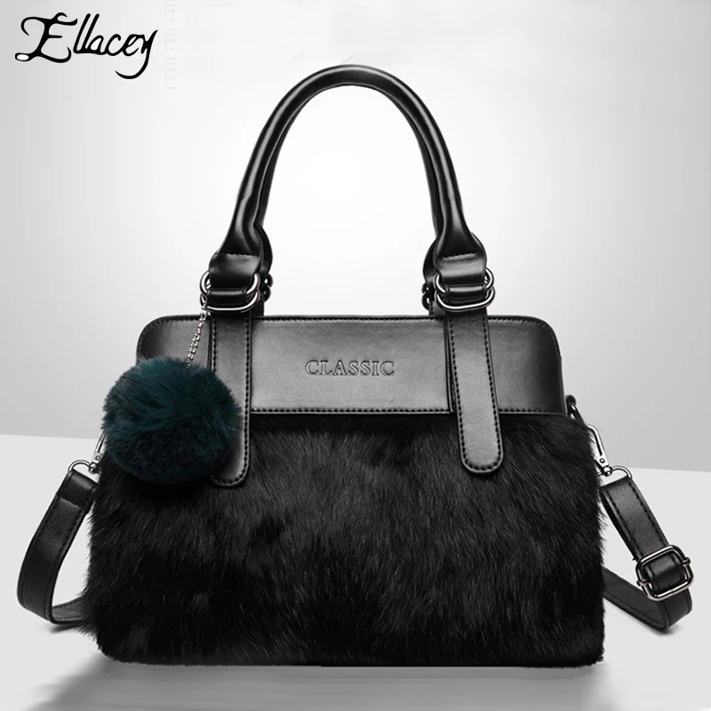 Осенне зимние Сумки из натуральной кожи с кроличьим мехом женская сумка через