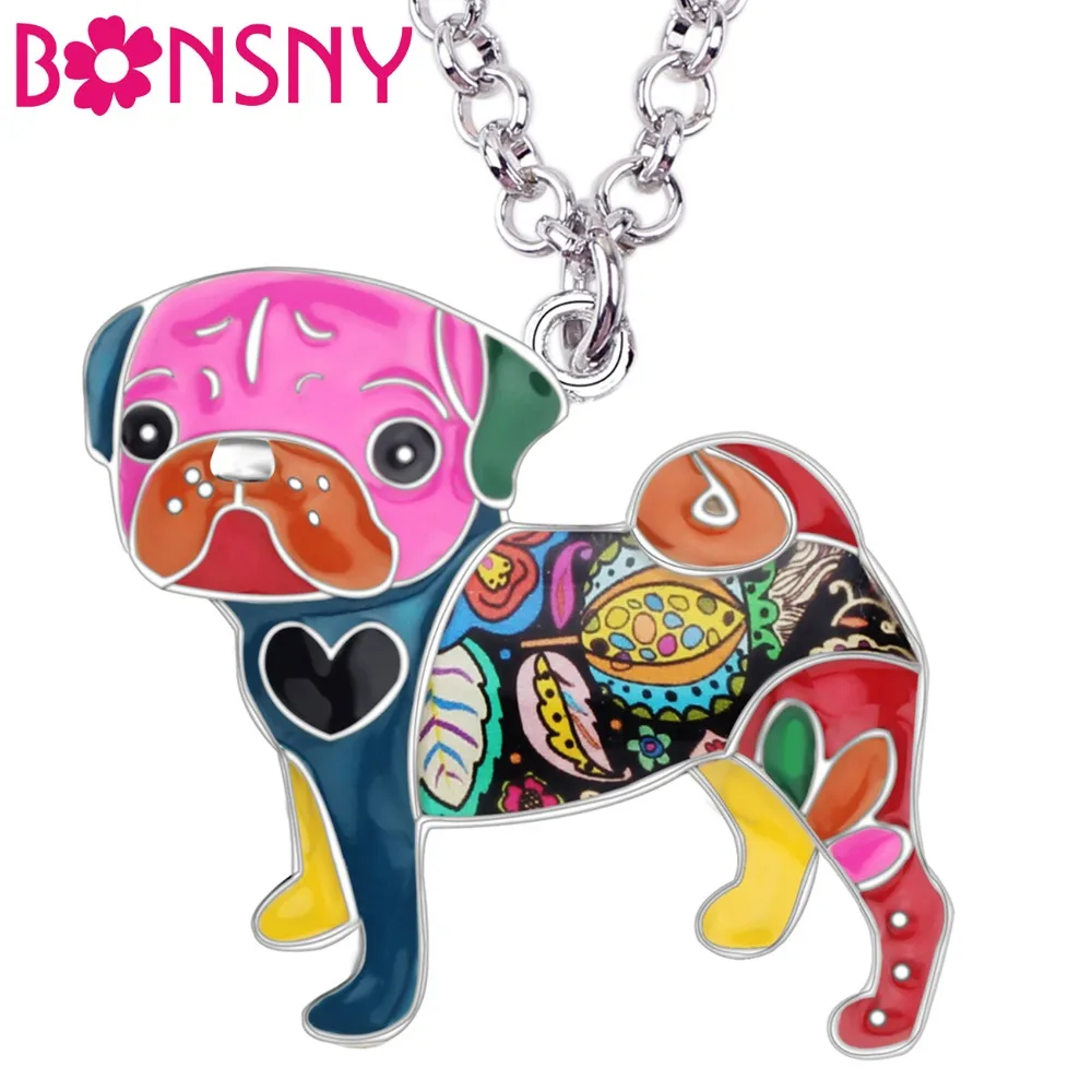 

Bonsny Enamel Alloy Cute Bulldog Pug Dog Necklace Pendant Chain Choker Unique Animal Jewelry For Women Girls Pet Lovers Gift New