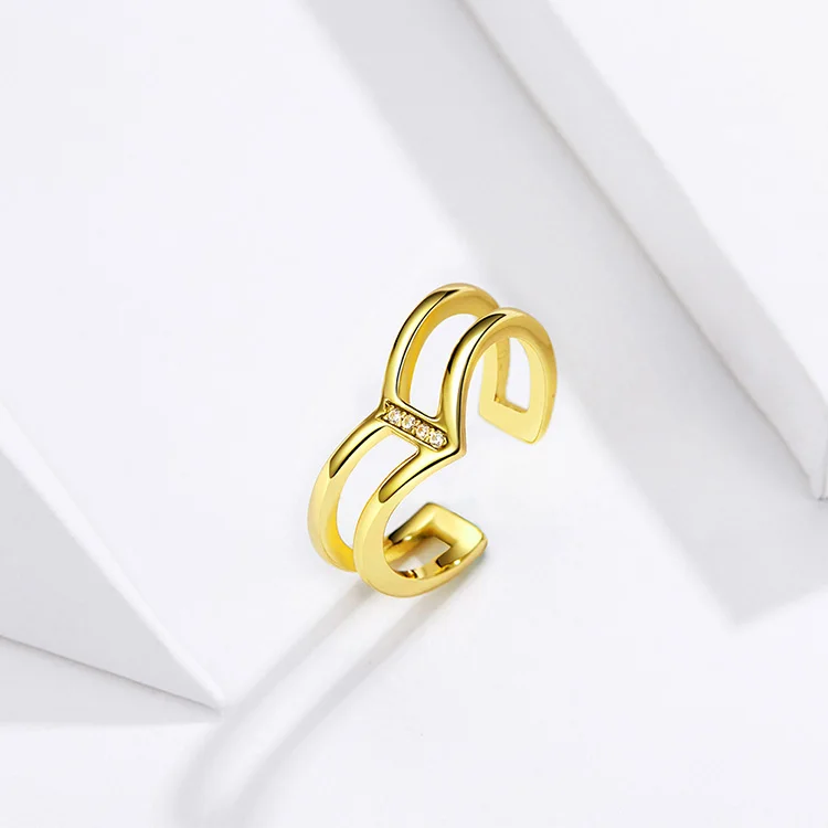 bamoer V shape Double Layer Finger Ring for Women 925 Sterling Silver Gold Color Fashion Korean Style Jewelry BSR040