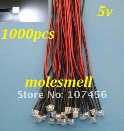 Free shipping 1000pcs 5mm Flat Top  White LED Lamp Light Set Pre-Wired 5mm 5V DC Wired 5mm 5v big/wide angle white led
