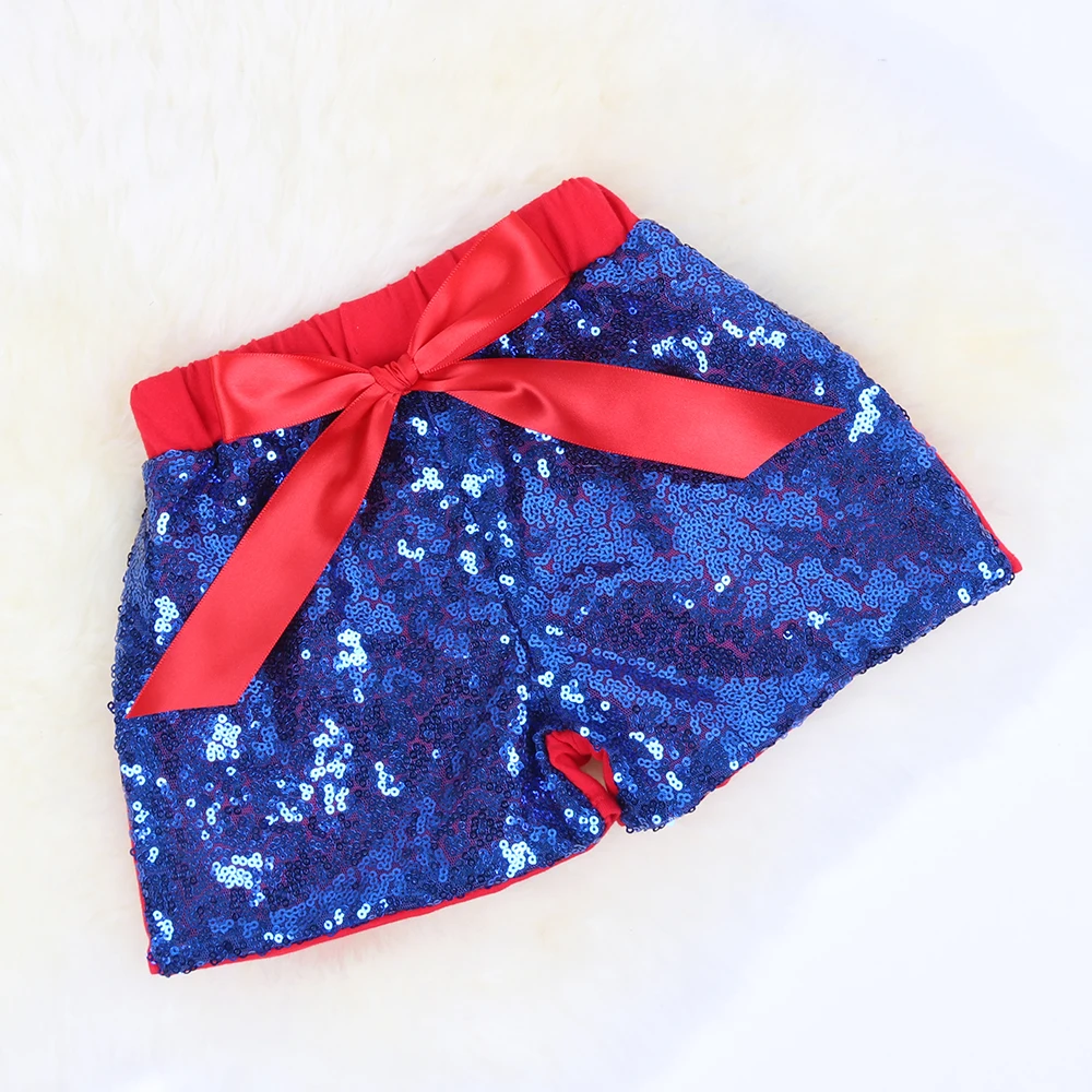 Новые(с двух сторон) блестящие шорты с блестками для маленьких девочек Детские блестящие шорты на день рождения с атласными бантами, летняя детская одежда