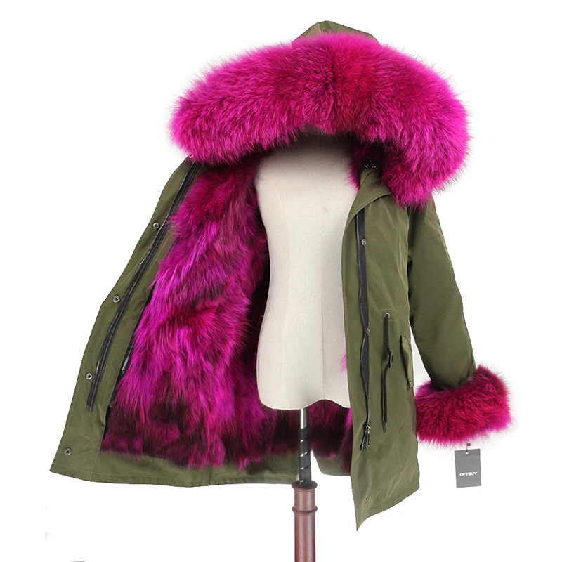 green rose rose OFTBUY пальто с натуральным мехом енота, капюшон с манжетами, подкладка из лисьего меха, зимняя куртка, Женская длинная парка, водонепроницаемая верхняя одежда, новинка - Цвет: green rose rose