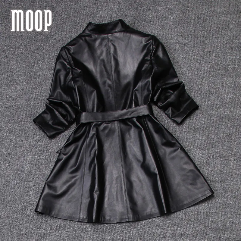 Черная Женская ветровка из натуральной овечьей кожи длинный Тренч с поясом LT184 |