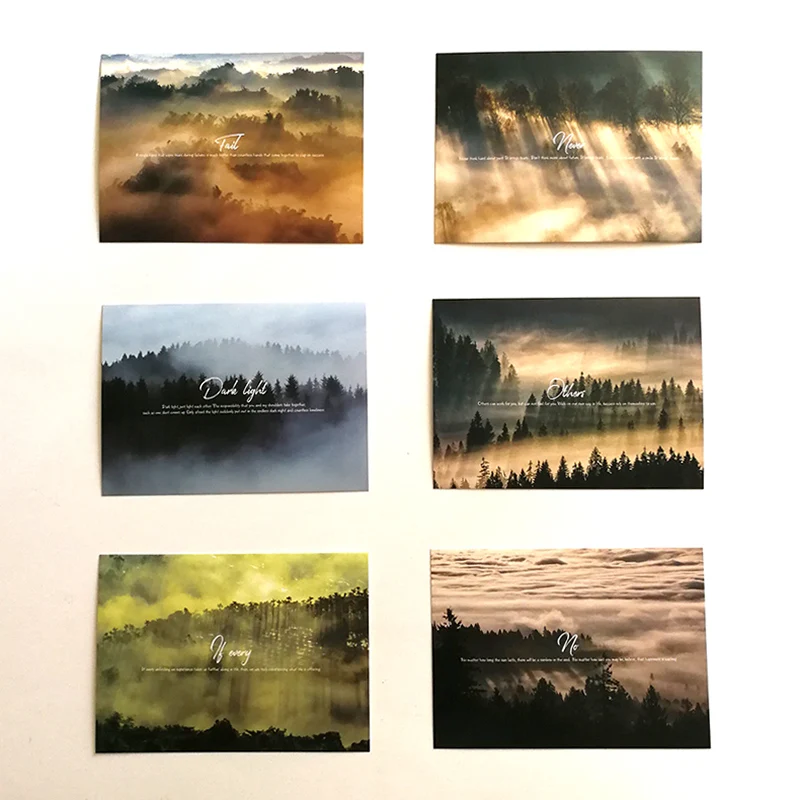 

30Pcs/set Foggy Forest with Classic English Phrase Selection Gift Cards Landscape of Forest Photography Postcards