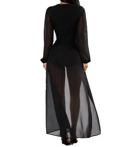 2021 High Quality Women Clothing Bodysuits Fashion Chiffon Rompers Long Sleeve V-neck Split Gauze Tight Jumpsuit Siamese Shorts